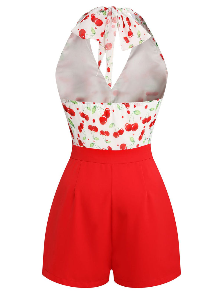 [US Warehouse] Red 1950s Cherry V-Neck Halter Lace-Up Romper
