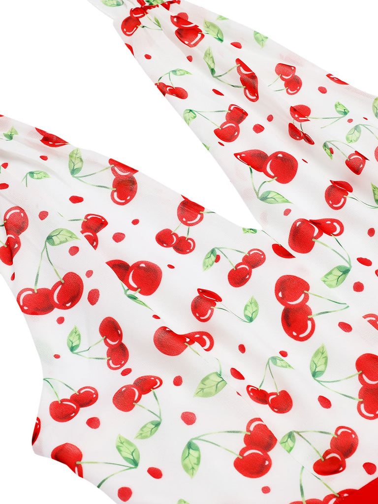 [US Warehouse] Red 1950s Cherry V-Neck Halter Lace-Up Romper