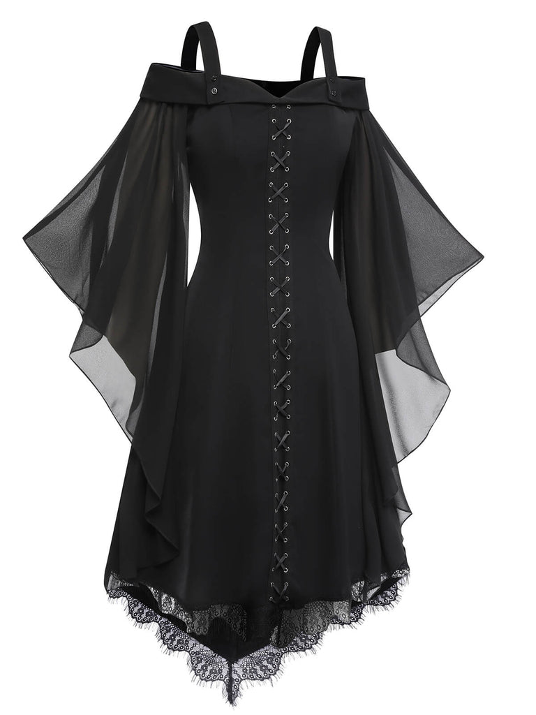 Black 1950s Bat Sleeve Lace-Up Dress