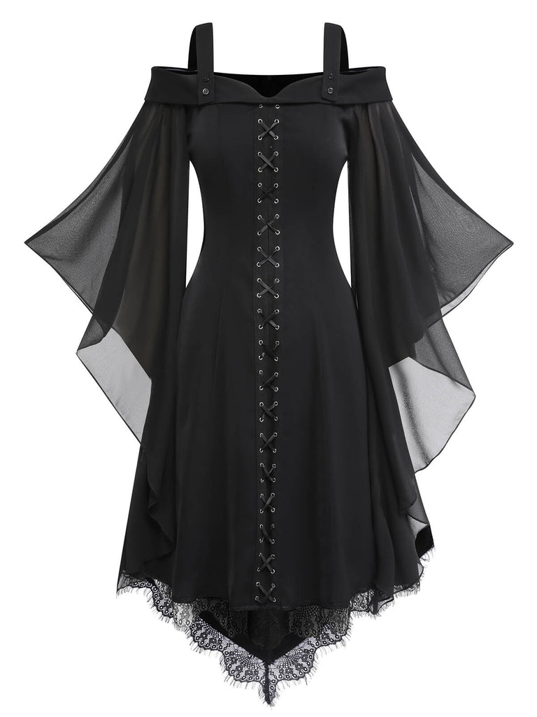 Black 1950s Bat Sleeve Lace-Up Dress