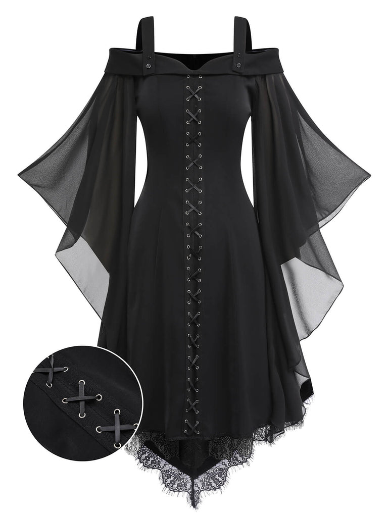 Black 1950s Bat Sleeve Lace-Up Dress