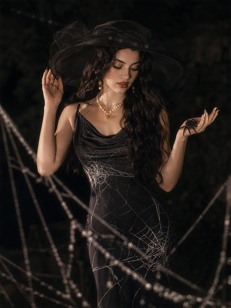 [Pre-Sale] Black 1930s Satin Spider Web Cowl Neck Maxi Dress