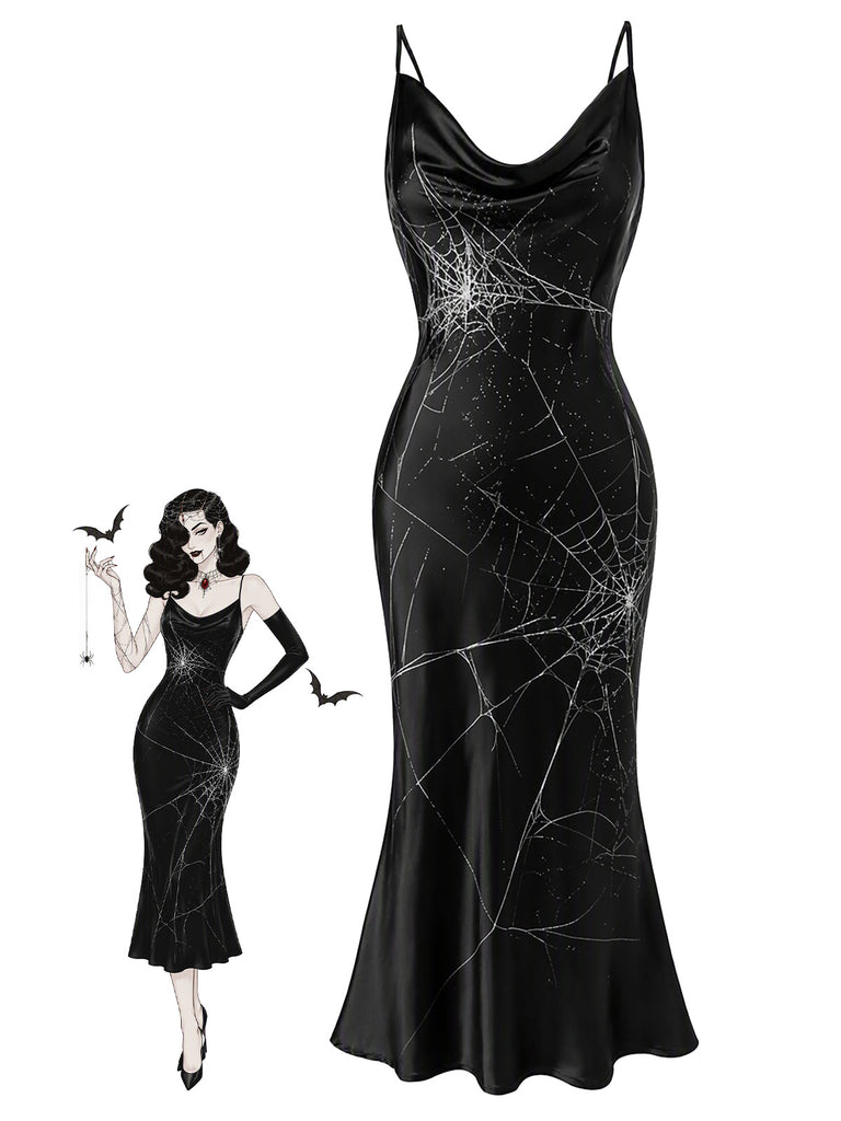 [Pre-Sale] Black 1930s Satin Spider Web Cowl Neck Maxi Dress