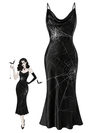 [Pre-Sale] Black 1930s Satin Spider Web Cowl Neck Maxi Dress