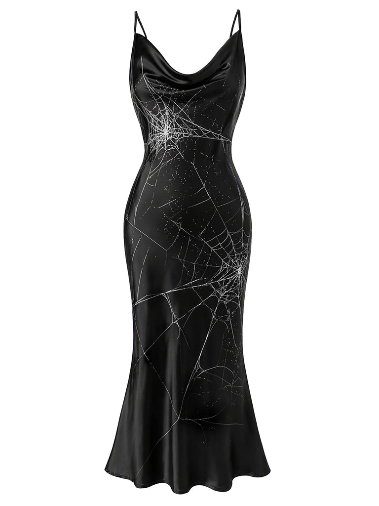 [Pre-Sale] Black 1930s Satin Spider Web Cowl Neck Maxi Dress