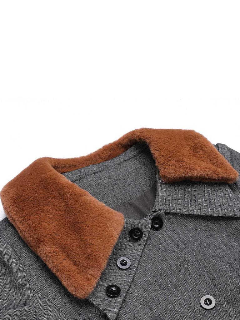 Gray 1930s Faux Fur Lapel Collar Coat