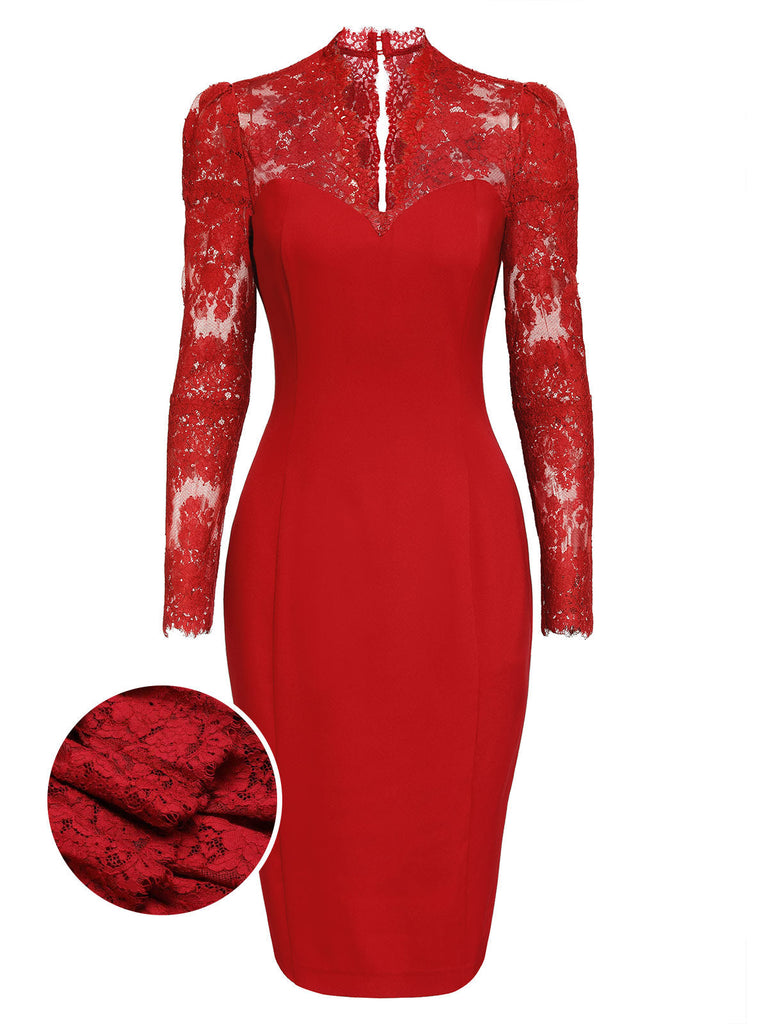 Red 1960s Lace Long Sleeves Patchwork Dress