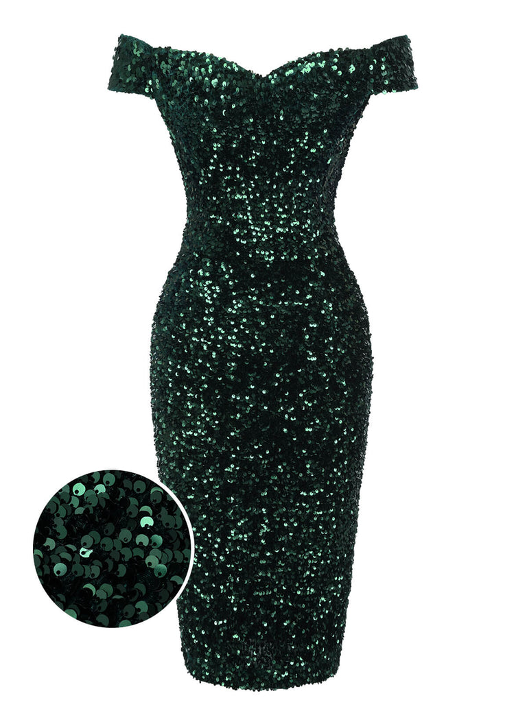Green 1960s Sequins Off-Shoulder Pencil Dress