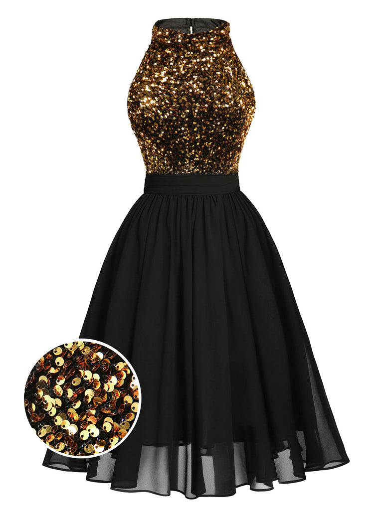 Black 1950s Gold Glitter Patchwork Dress