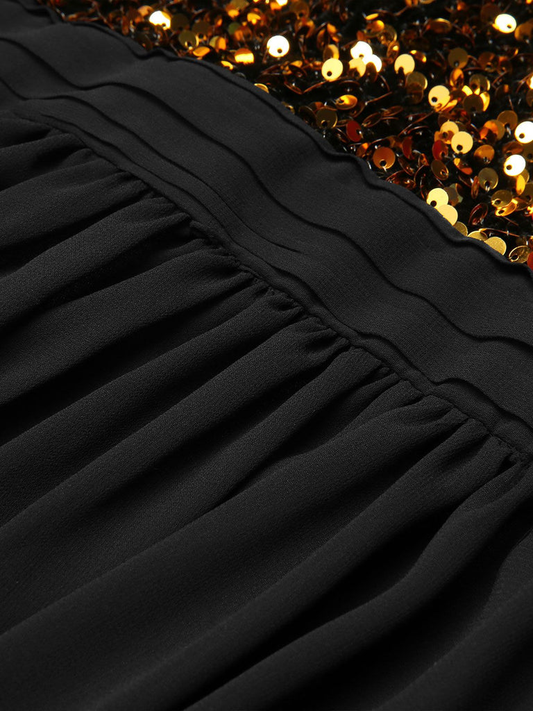 [US Warehouse] Black 1950s Gold Glitter Patchwork Dress