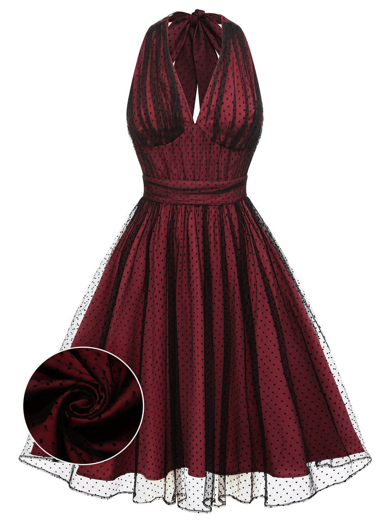Green 1950s Christmas Halter Polka Dots Mesh Dress