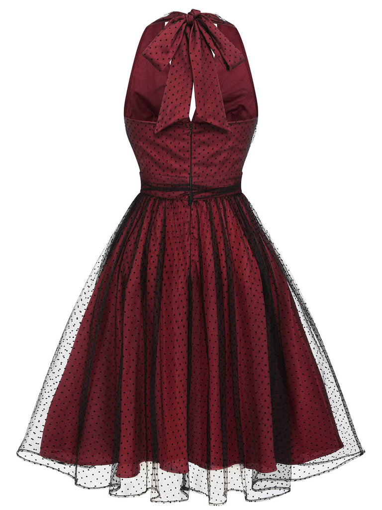 Green 1950s Christmas Halter Polka Dots Mesh Dress