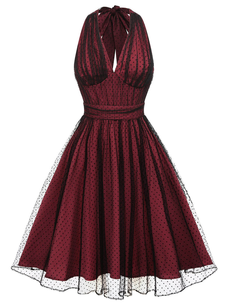 Green 1950s Christmas Halter Polka Dots Mesh Dress