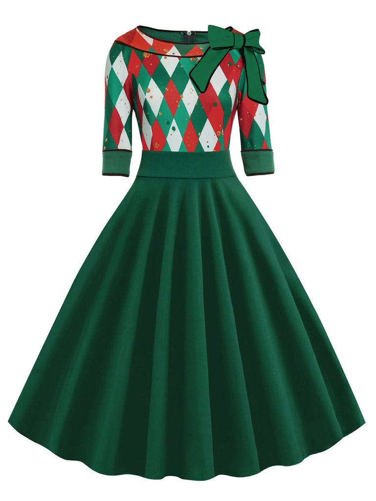 Green 1950s Christmas Plaid Patchwork Dress