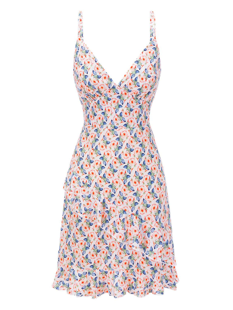 Pink 1960s Butterfly Flower V-Neck Dress