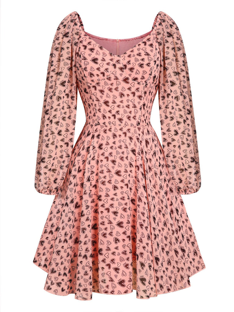 Pink 1960s Heart Long Sleeves Dress