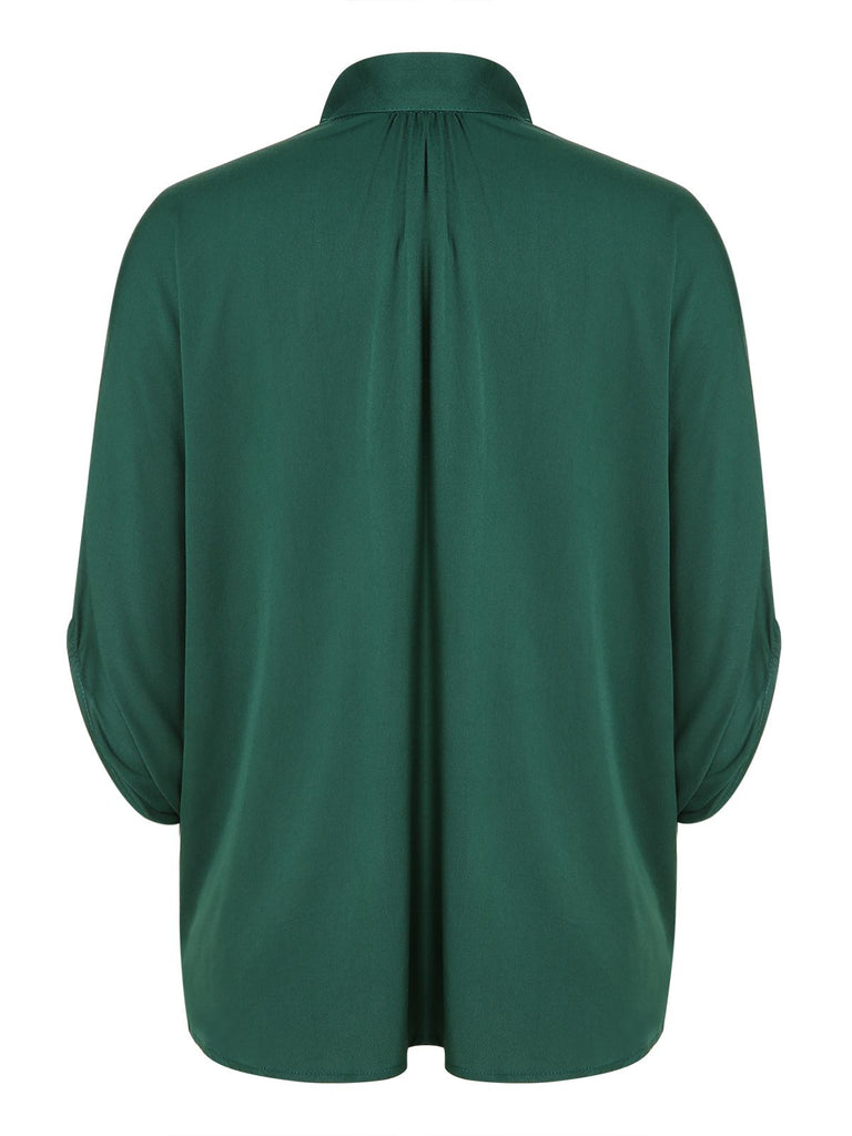 Green 1950s Solid Ribbon Collar Satin Blouse