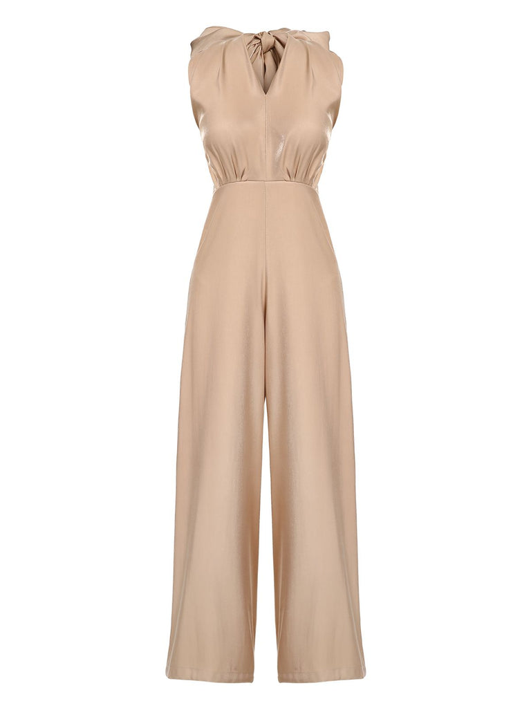 Khaki 1930s Solid V-neck Halter Jumpsuit