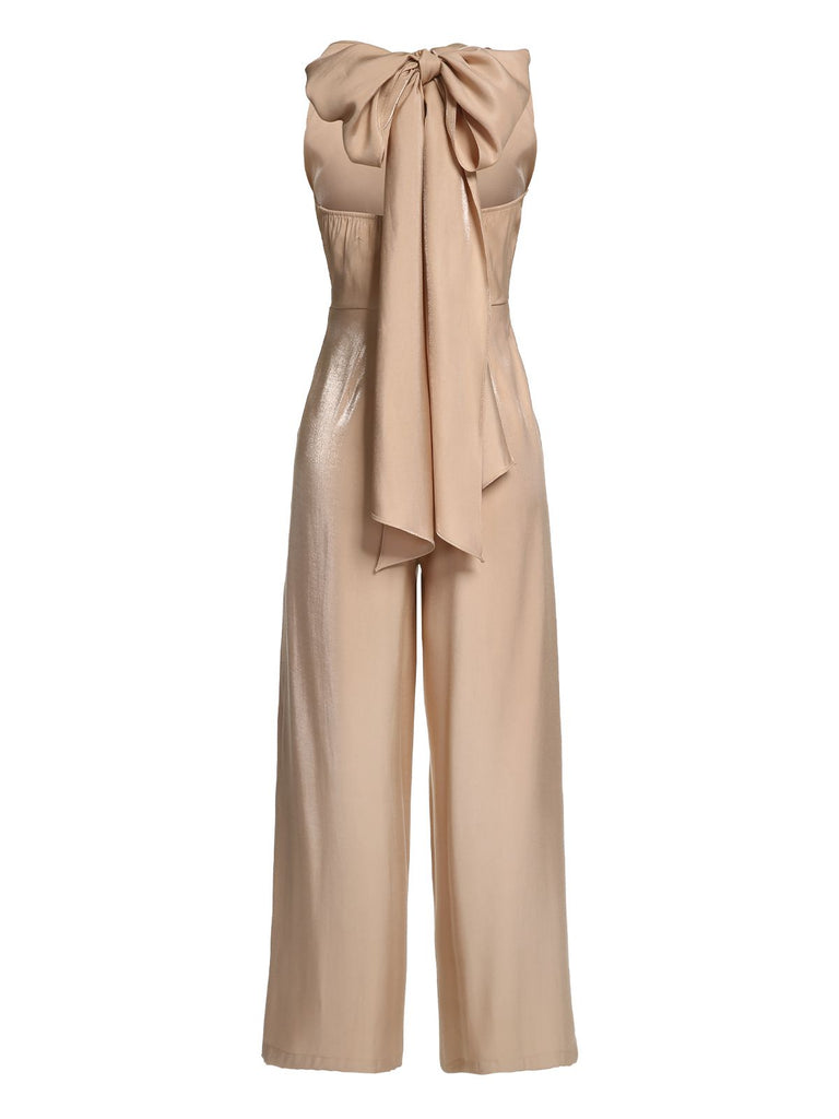 Khaki 1930s Solid V-neck Halter Jumpsuit