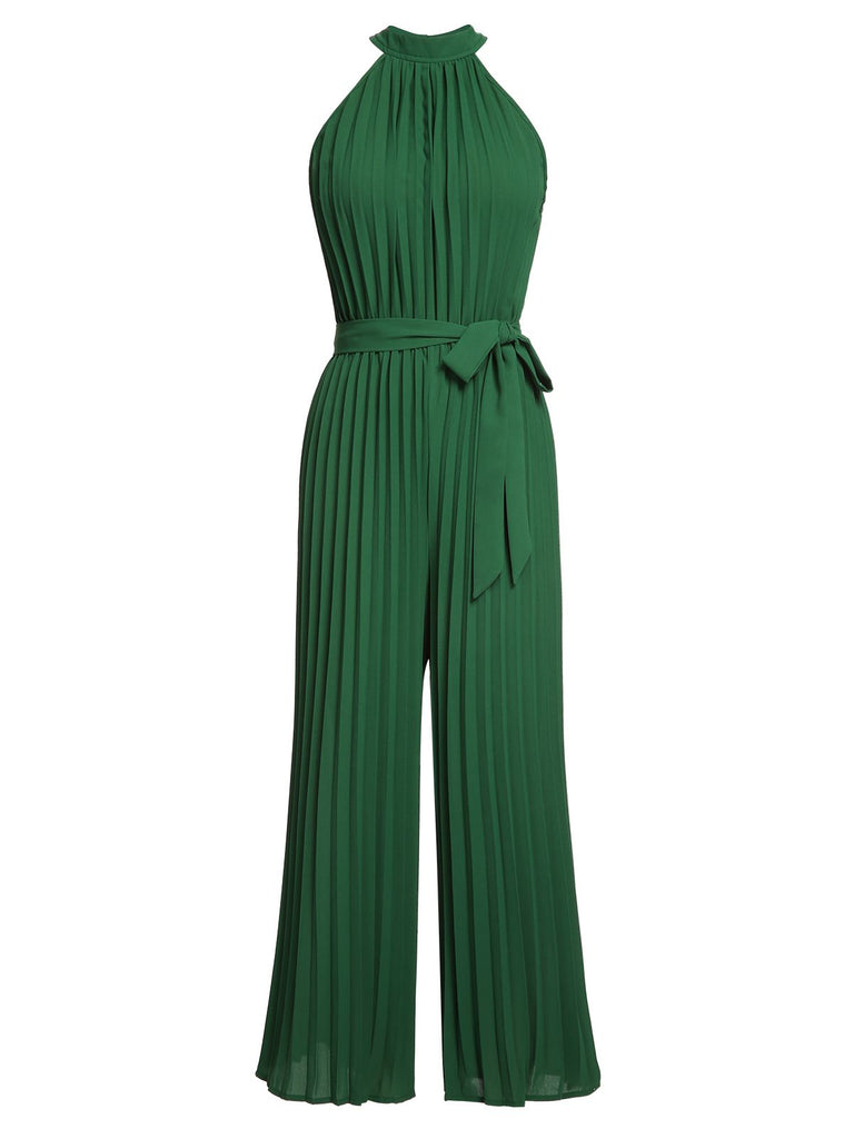 Green 1930s Solid Pleated Halter Jumpsuit | Retro Stage