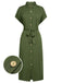 Green 1940s Solid Belted Slit Dress