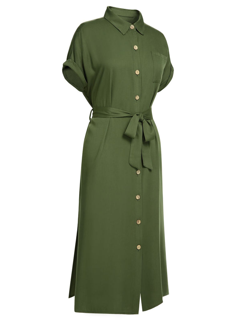 Green 1940s Solid Belted Slit Dress