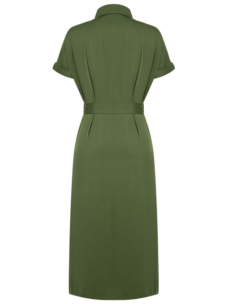 Green 1940s Solid Belted Slit Dress