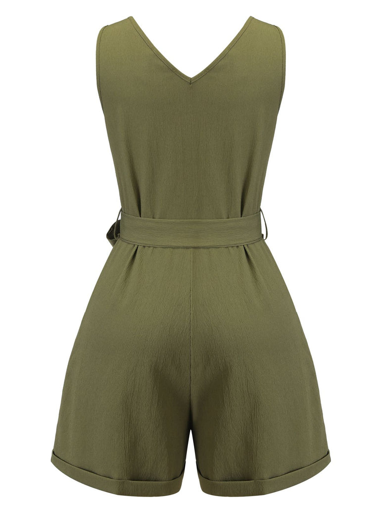 Army Green 1950s V-Neck Button Waist Tie Romper