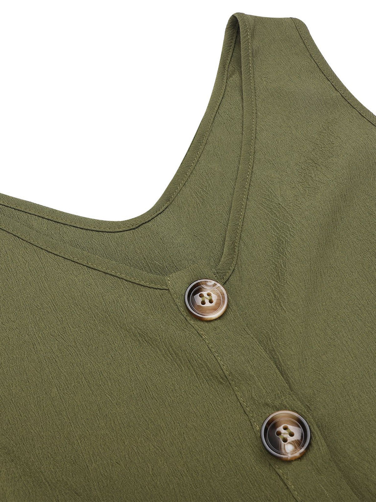 Army Green 1950s V-Neck Button Waist Tie Romper