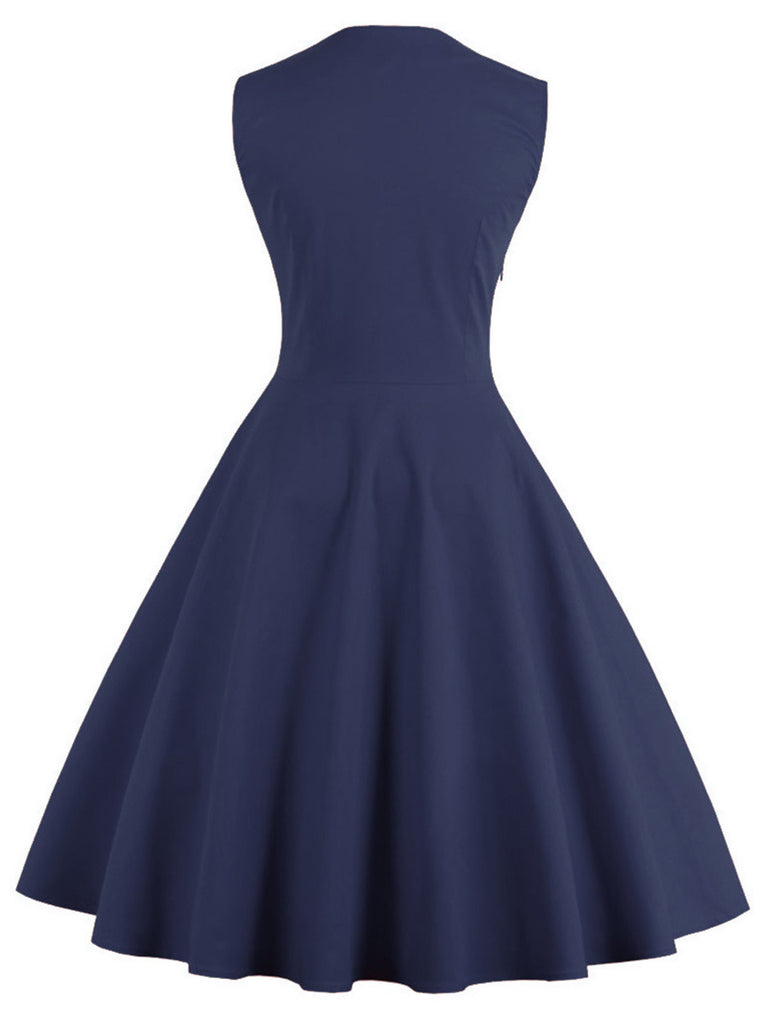 1950s Polka Dots Lapel Patchwork Swing Dress