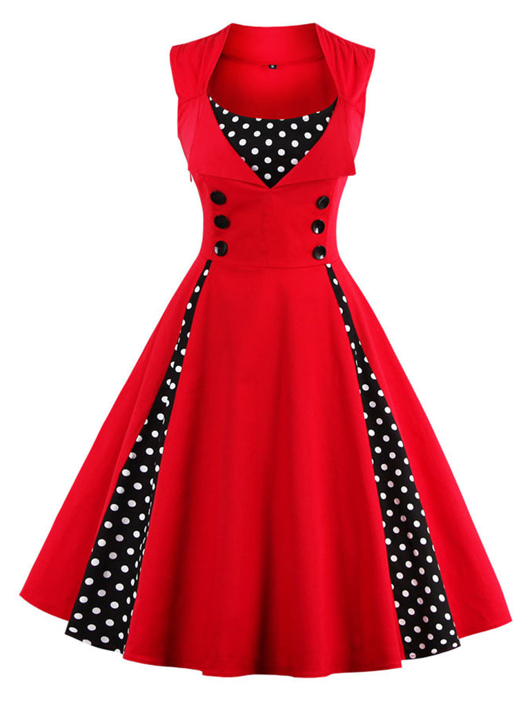 1950s Polka Dots Lapel Patchwork Swing Dress