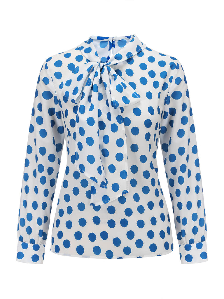 1940s Blue Dots Tie-Up Collar Blouse