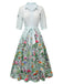 Light Blue 1940s Floral Shirt Neck Belt Dress