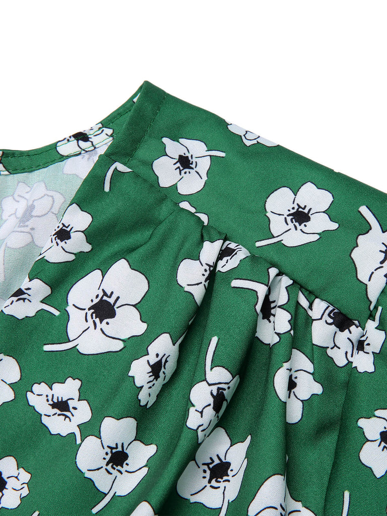 Green 1940s V-Neck Floral Dress