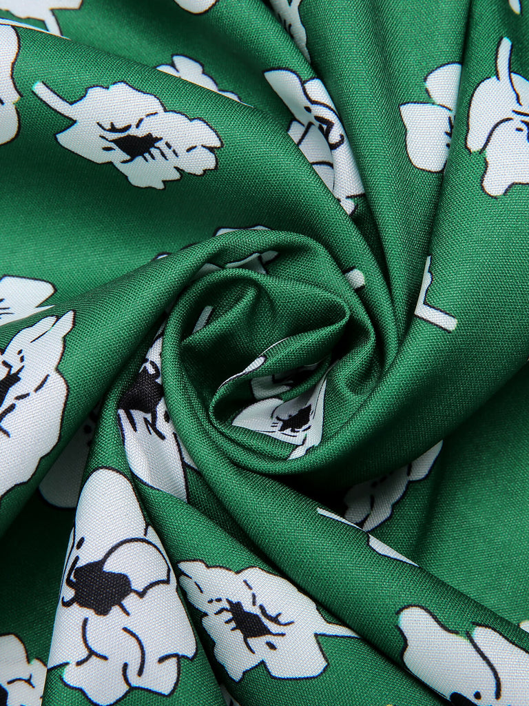 Green 1940s V-Neck Floral Dress