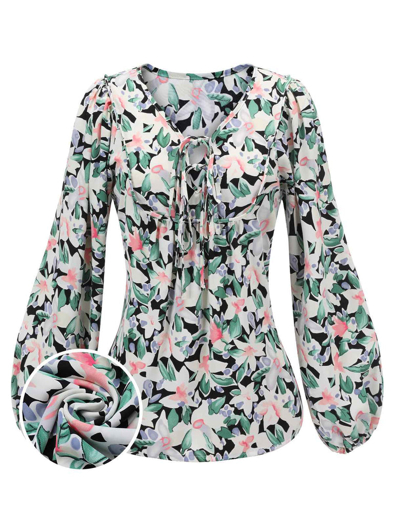 Green 1940s Round Neck Floral Blouse