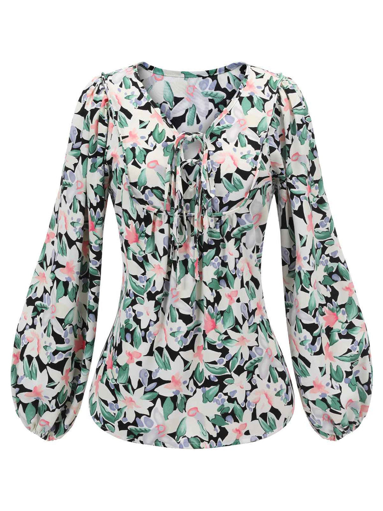 Green 1940s Round Neck Floral Blouse