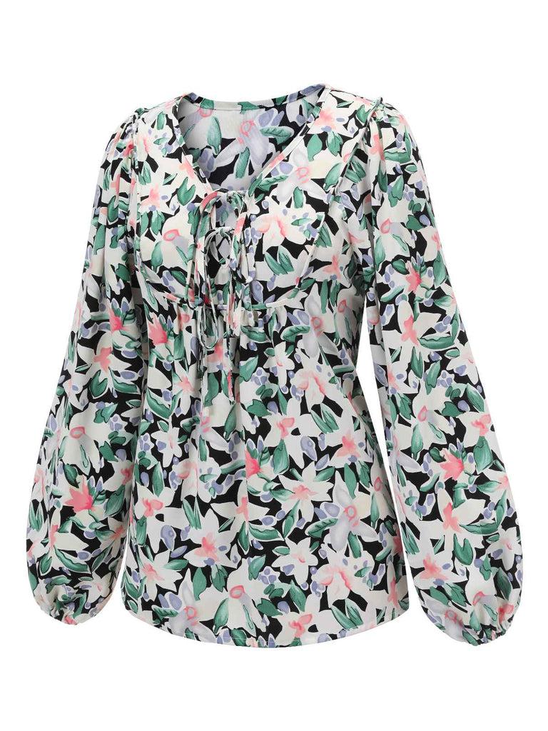 Green 1940s Round Neck Floral Blouse