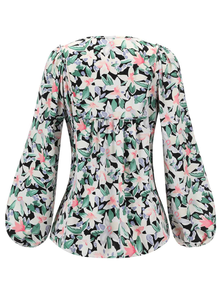 Green 1940s Round Neck Floral Blouse