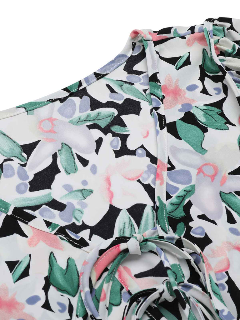 Green 1940s Round Neck Floral Blouse