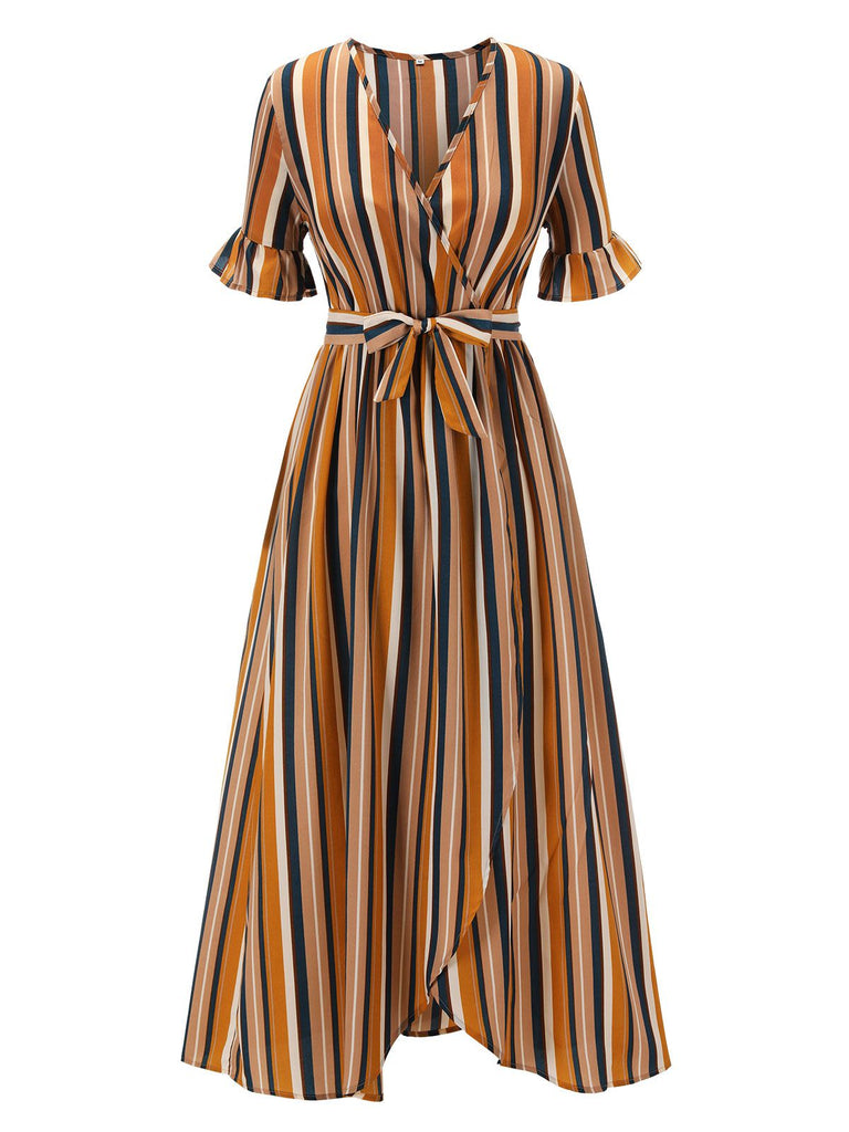 Earth Yellow 1950s Stripes Wrap Waist Dress