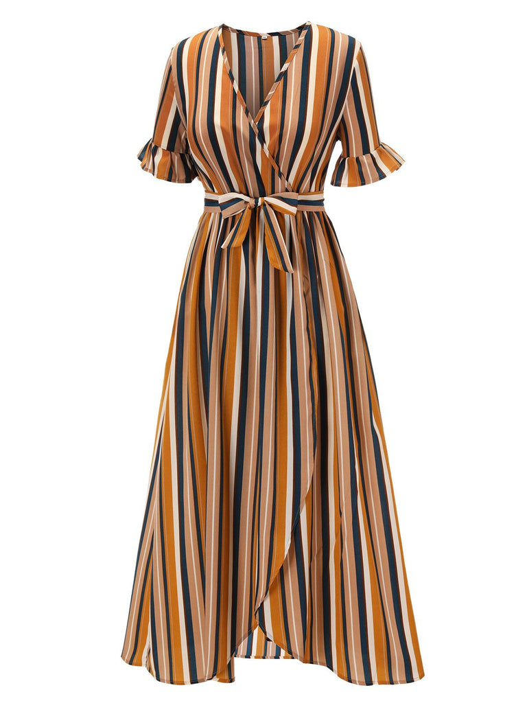 Earth Yellow 1950s Stripes Wrap Waist Dress