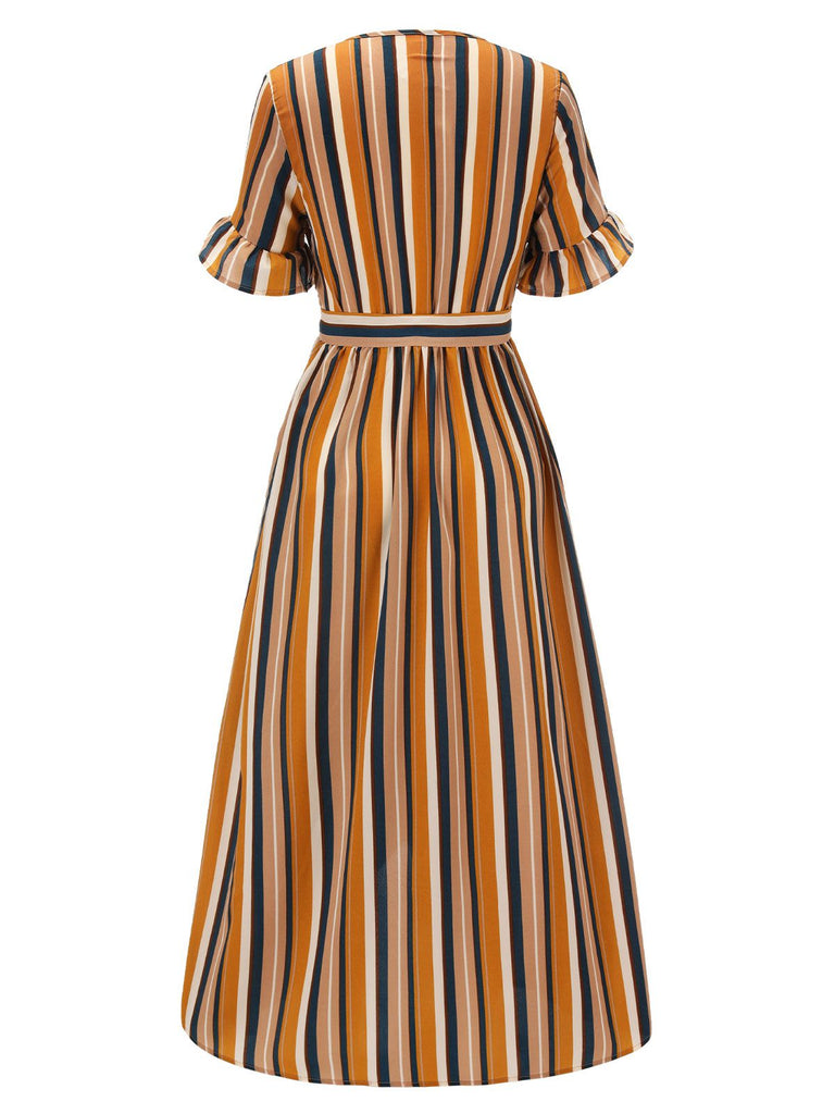 Earth Yellow 1950s Stripes Wrap Waist Dress