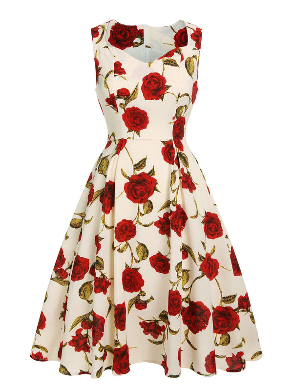 1950s Floral Sleeveless Heart Collar Dress | Retro Stage