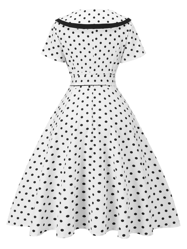 White 1940s Polka Dot Lapel Dress | Retro Stage