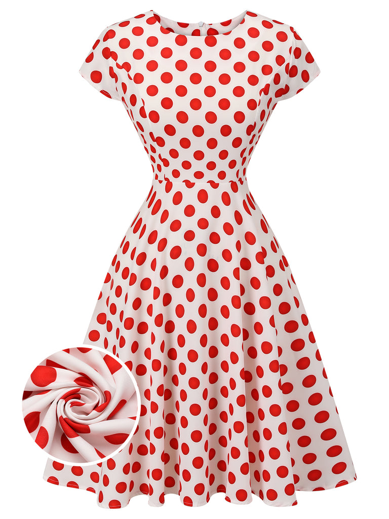 White 1940s Red Polka Dot Round Collar Dress