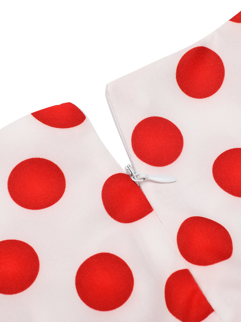 White 1940s Red Polka Dot Round Collar Dress