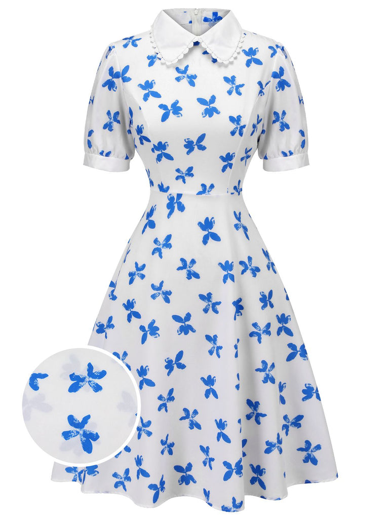 1940s Blue Butterfly Doll Neck Dress