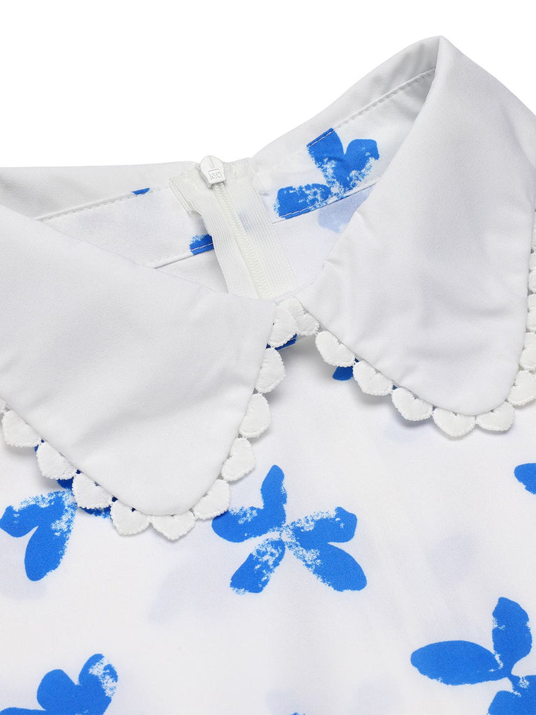1940s Blue Butterfly Doll Neck Dress