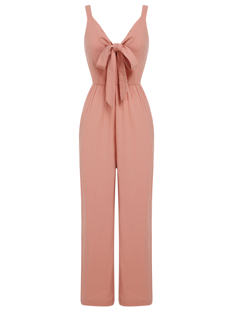 Pink 1930s Solid Strap Lace-up Jumpsuit